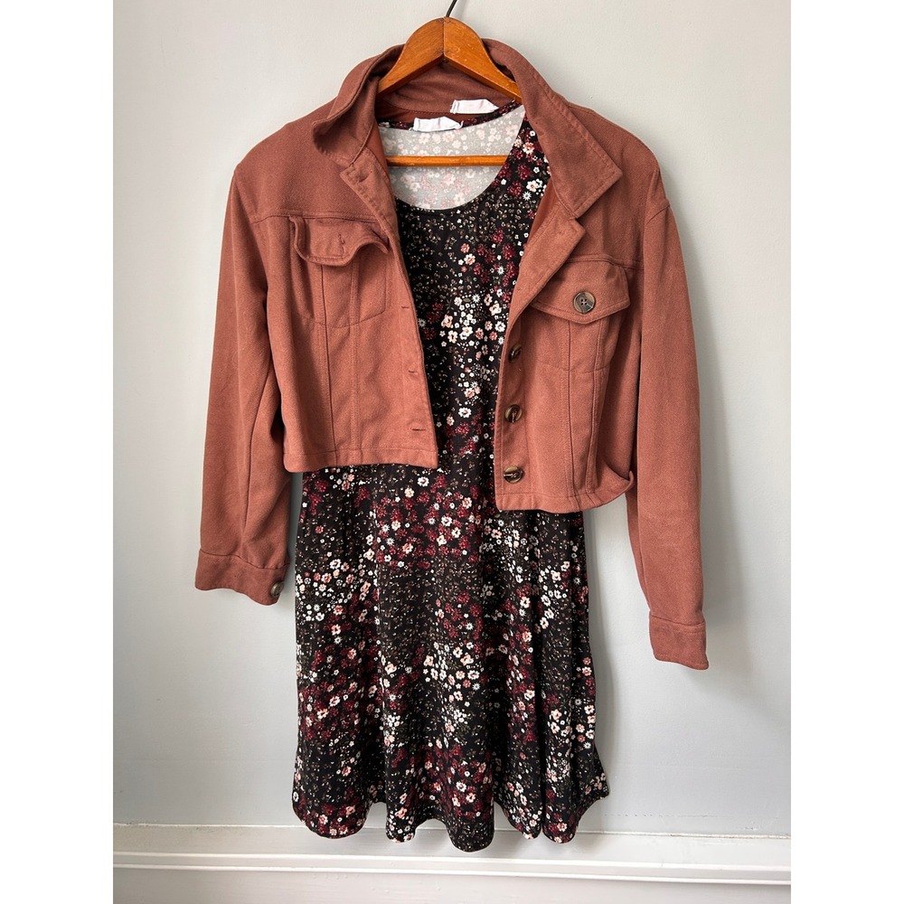 Knit Works Girls Floral Skater Dress and Rust Cropped Jacket Set Size L 14
